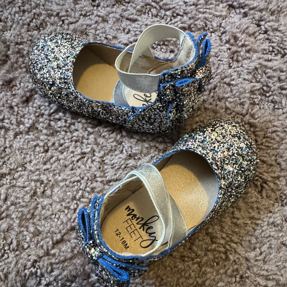 Monkey Feet 12-18M Girls Blue Sparkle Bow Shoes